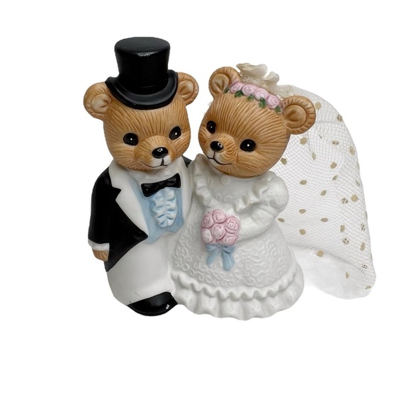 Vintage Homco 1424 Teddy Bears Just Married Bride & Groom Figurine Cake Topper - Picture 1 of 11